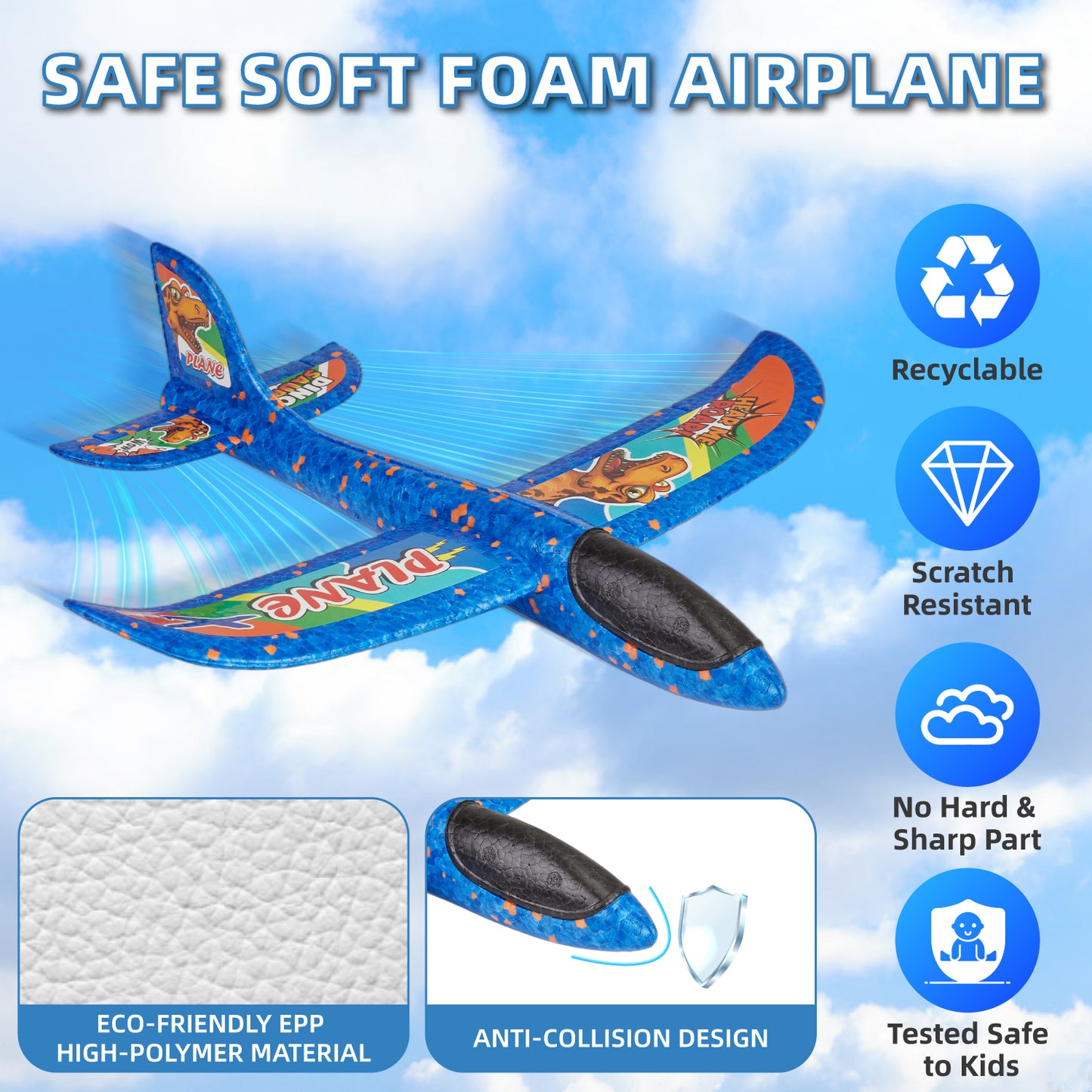 Gleamkid 4 pack Airplane Launcher Toys, Catapult Plane with 4 Dinosaur Stickers for Boys, Foam Glider Airplane Toy, 2 Flight Modes, Outdoor Flying Toys Gifts for 3-12 Years Old Kids