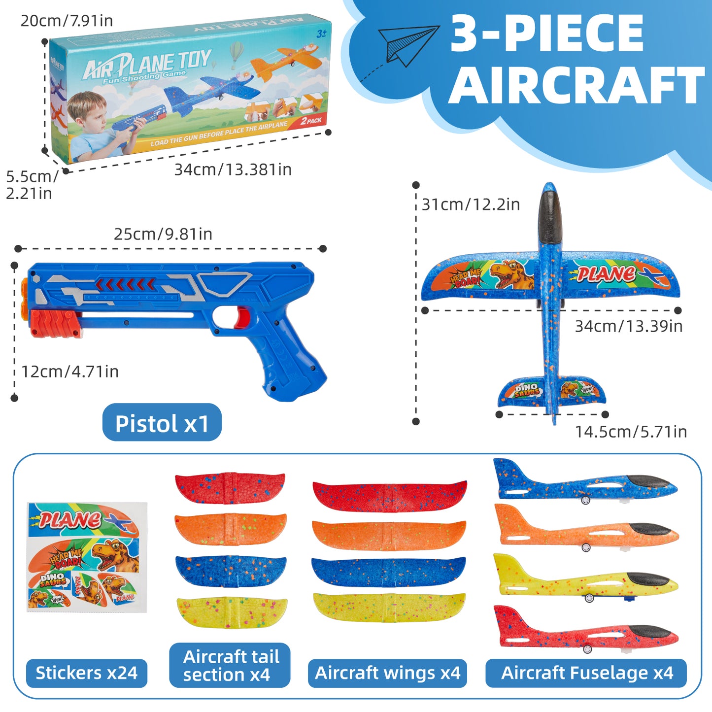 Gleamkid 4 pack Airplane Launcher Toys, Catapult Plane with 4 Dinosaur Stickers for Boys, Foam Glider Airplane Toy, 2 Flight Modes, Outdoor Flying Toys Gifts for 3-12 Years Old Kids