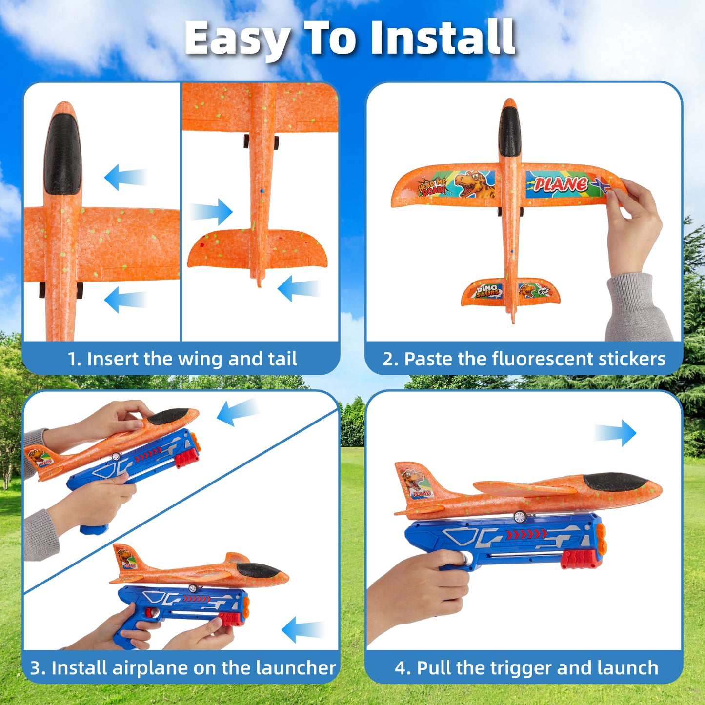 Lictin 4 Pack Airplane Launcher Toys, Catapult Plane with Dinosaur Stickers for Boys, Foam Glider Airplane Toy, Outdoor Flying Toys Gifts for 3-12 Years Old Kids
