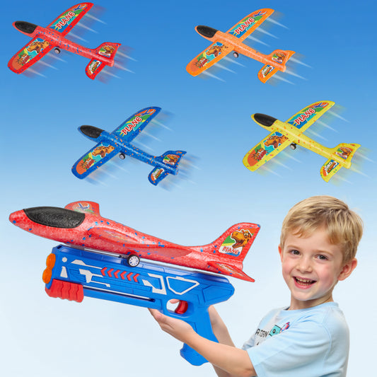 Gleamkid 4 pack Airplane Launcher Toys, Catapult Plane with 4 Dinosaur Stickers for Boys, Foam Glider Airplane Toy, 2 Flight Modes, Outdoor Flying Toys Gifts for 3-12 Years Old Kids