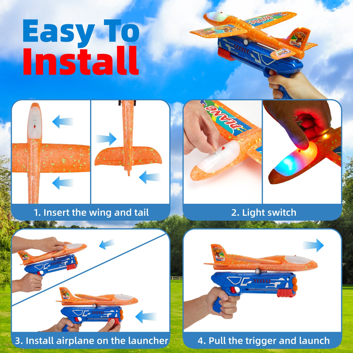 Anpro 4 Pack Airplane Launcher Toy for Kids, Foam Glider LED Light Airplane with 3 Dinosaur Stickers, 2 Flight Modes, Outdoor Flying Toys Gifts for 4+ Year Old Boys Girls