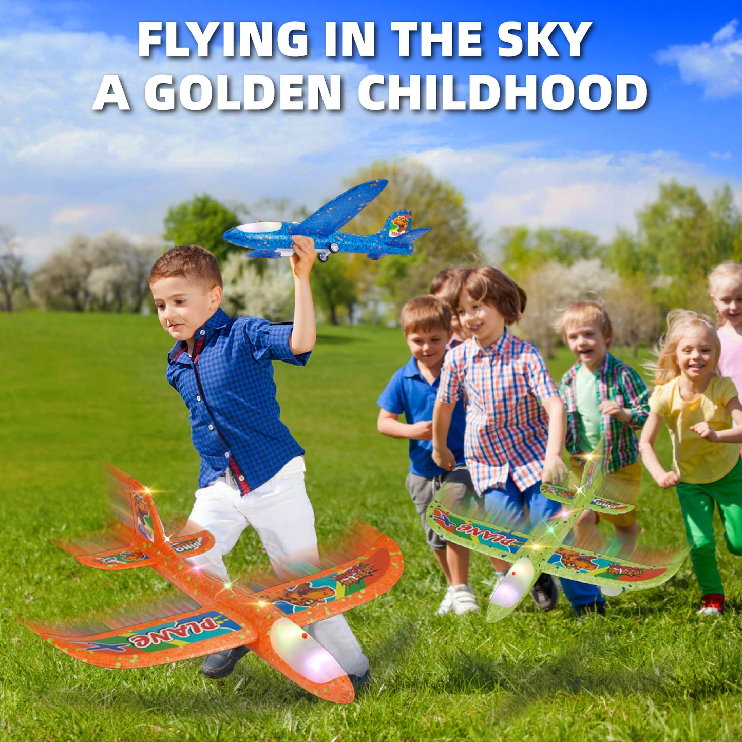 Anpro 4 Pack Airplane Launcher Toy for Kids, Foam Glider LED Light Airplane with 3 Dinosaur Stickers, 2 Flight Modes, Outdoor Flying Toys Gifts for 4+ Year Old Boys Girls