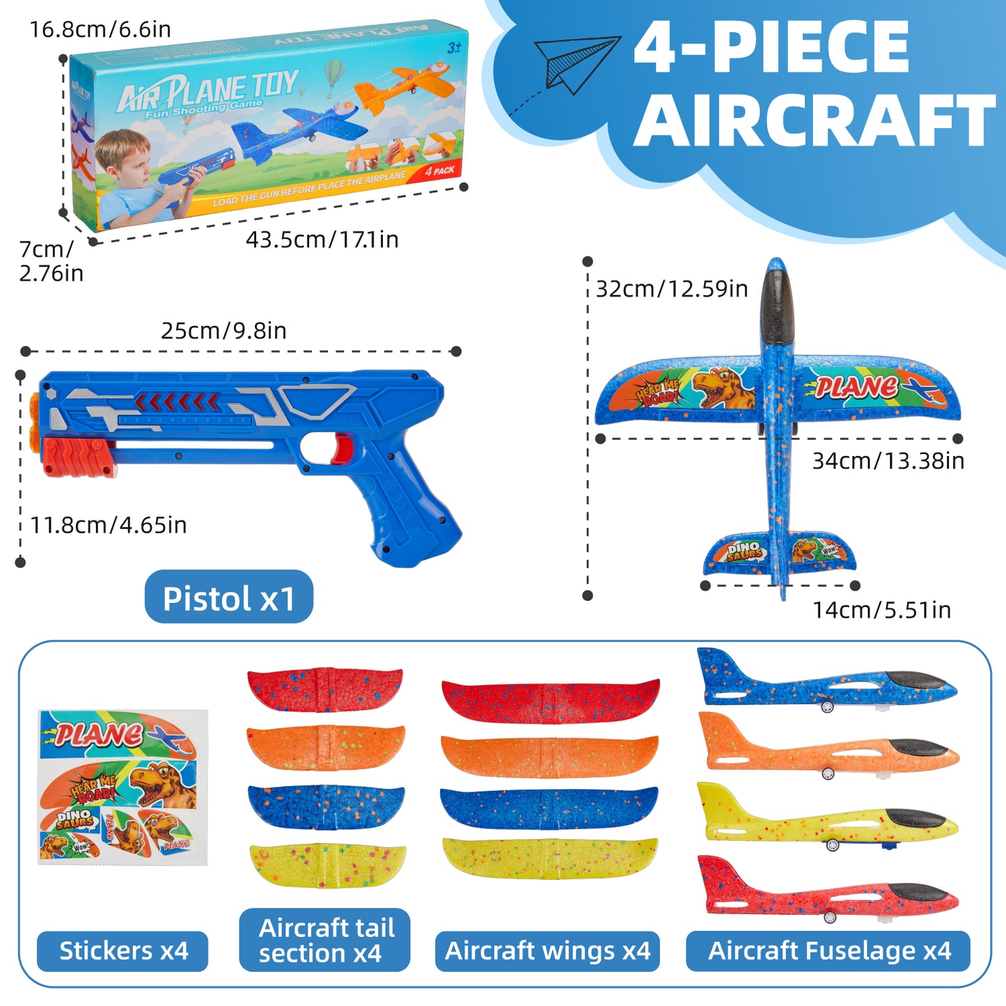 Anpro 4 Pack Airplane Launcher Toy for Kids, Foam Glider LED Light Airplane with 3 Dinosaur Stickers, 2 Flight Modes, Outdoor Flying Toys Gifts for 4+ Year Old Boys Girls