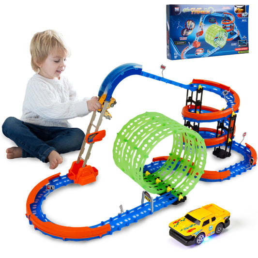 Petbank Glow Race Track, Flexible Race Car Tracks, Glow Flip Track Set with LED Car, Toy Car Track Set for Boys and Girls 3+