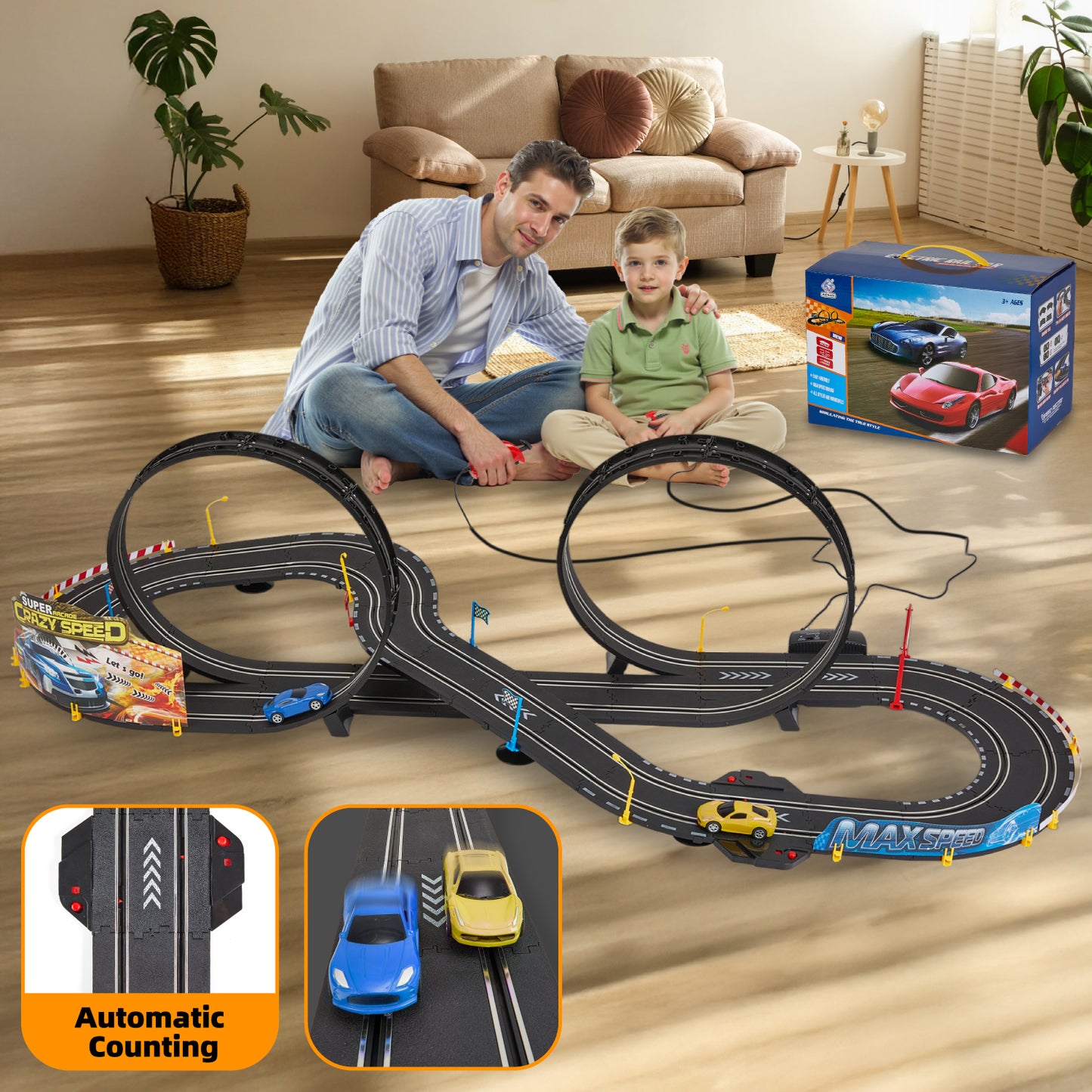 Gleamkid Slot Car Race Track Set for Kids, 20.3ft Electric Race Car Track Set with 2 High-Speed Cars, Dual Circular Overpass Track, Racing Game Counter Track Toys Gift for Boys Girls 4-12
