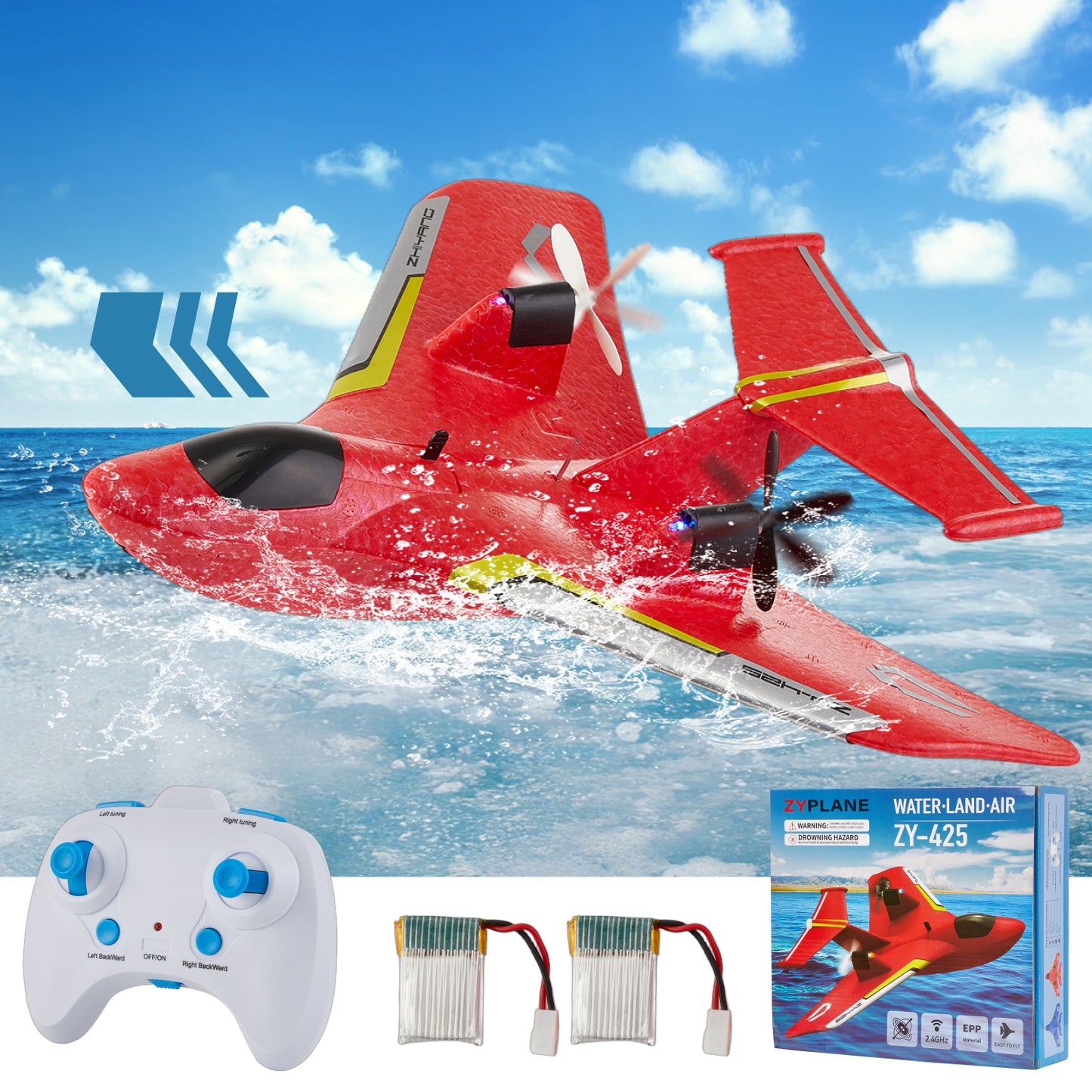 Zacro Remote Control Airplane, RC Plane for Water Land & Air with Lights, Easy to Fly RC Glider Toys Gift for Kids Adults Beginners, Red