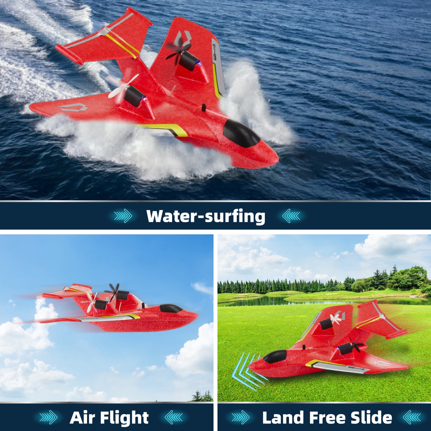 Gleamkid RC Plane for Water Land & Air, Remote Control Airplane with Lights, Amphibious Tri-Phibian Aircraft, RC Glider Aircraft Outdoor Flying Toys Gift for Kids Adults, 2 Batteries