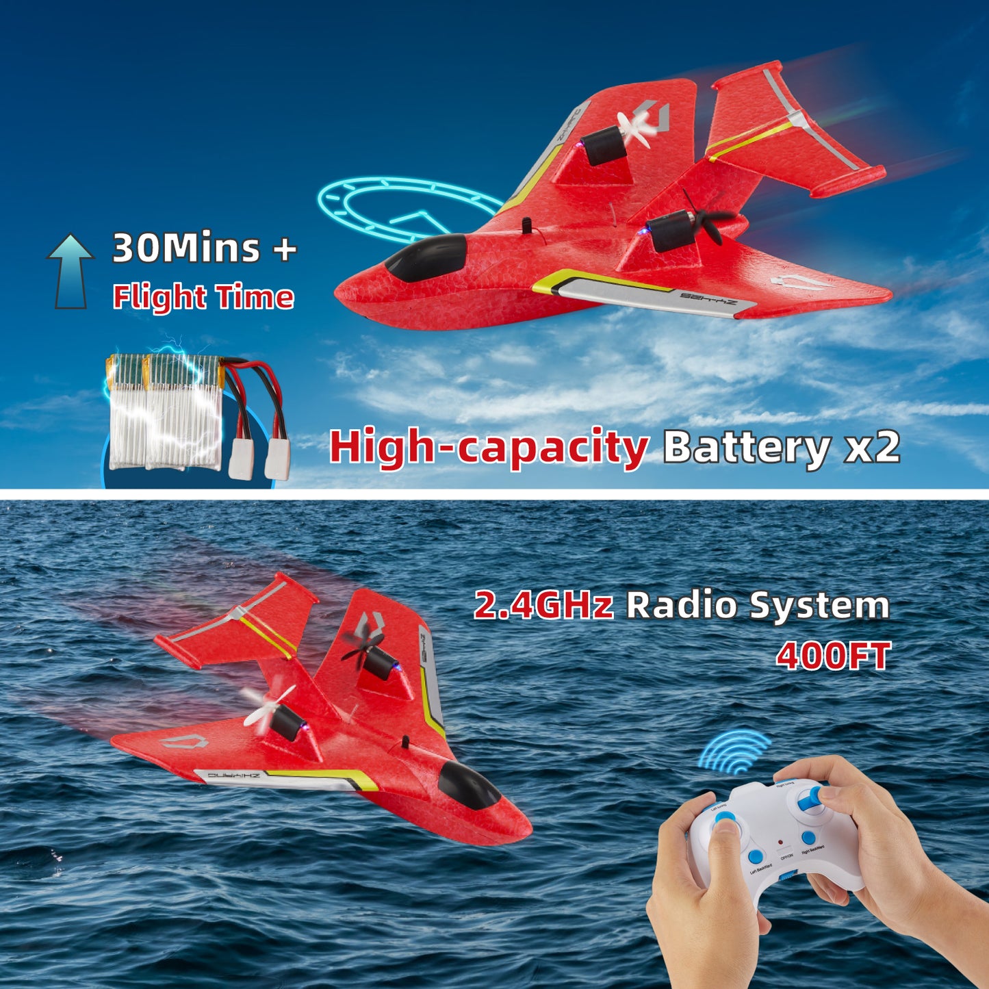 Zacro Remote Control Airplane, RC Plane for Water Land & Air with Lights, Easy to Fly RC Glider Toys Gift for Kids Adults Beginners, Red