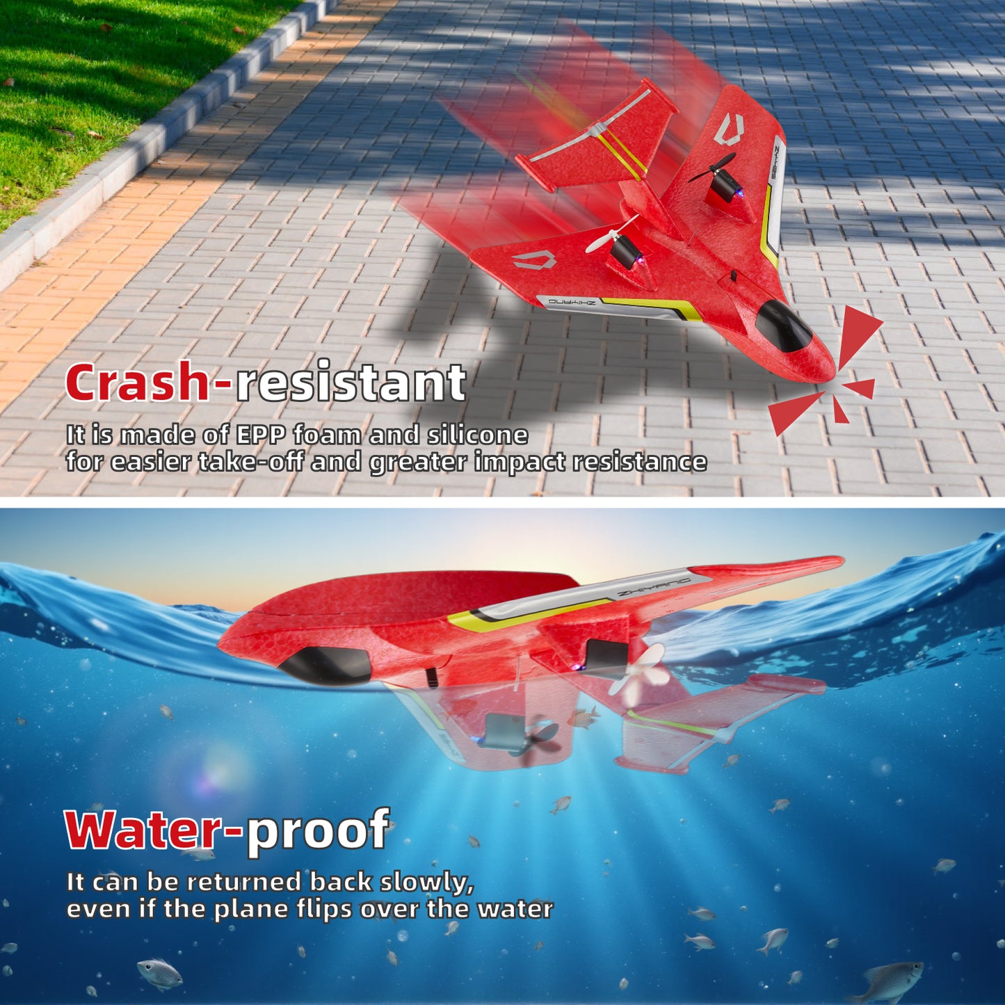 Zacro Remote Control Airplane, RC Plane for Water Land & Air with Lights, Easy to Fly RC Glider Toys Gift for Kids Adults Beginners, Red