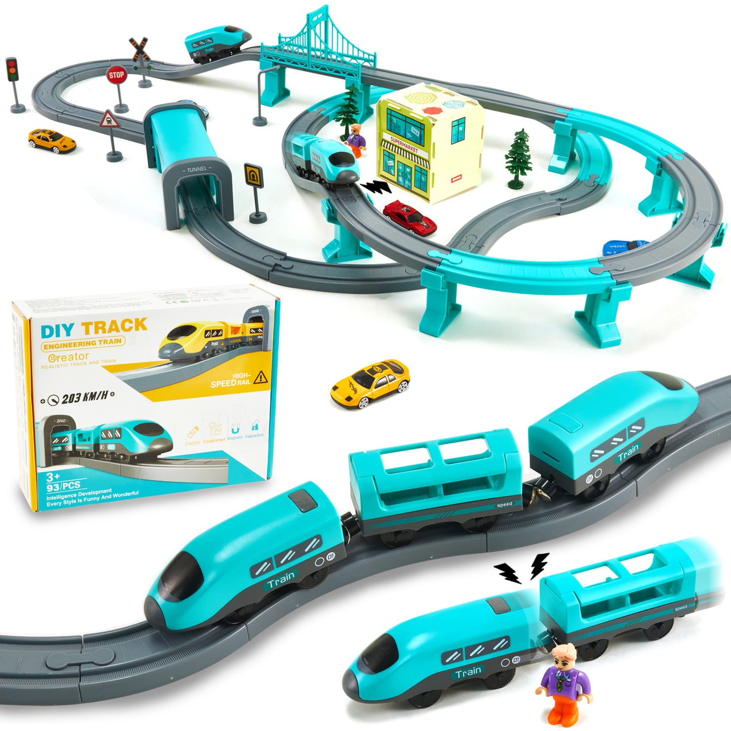 Anpro Kids Train Track Toy Set, 92pcs Electric Train Toys with Cars for 3+ Year Old Toddlers Boys Girls - City Themed, Blue