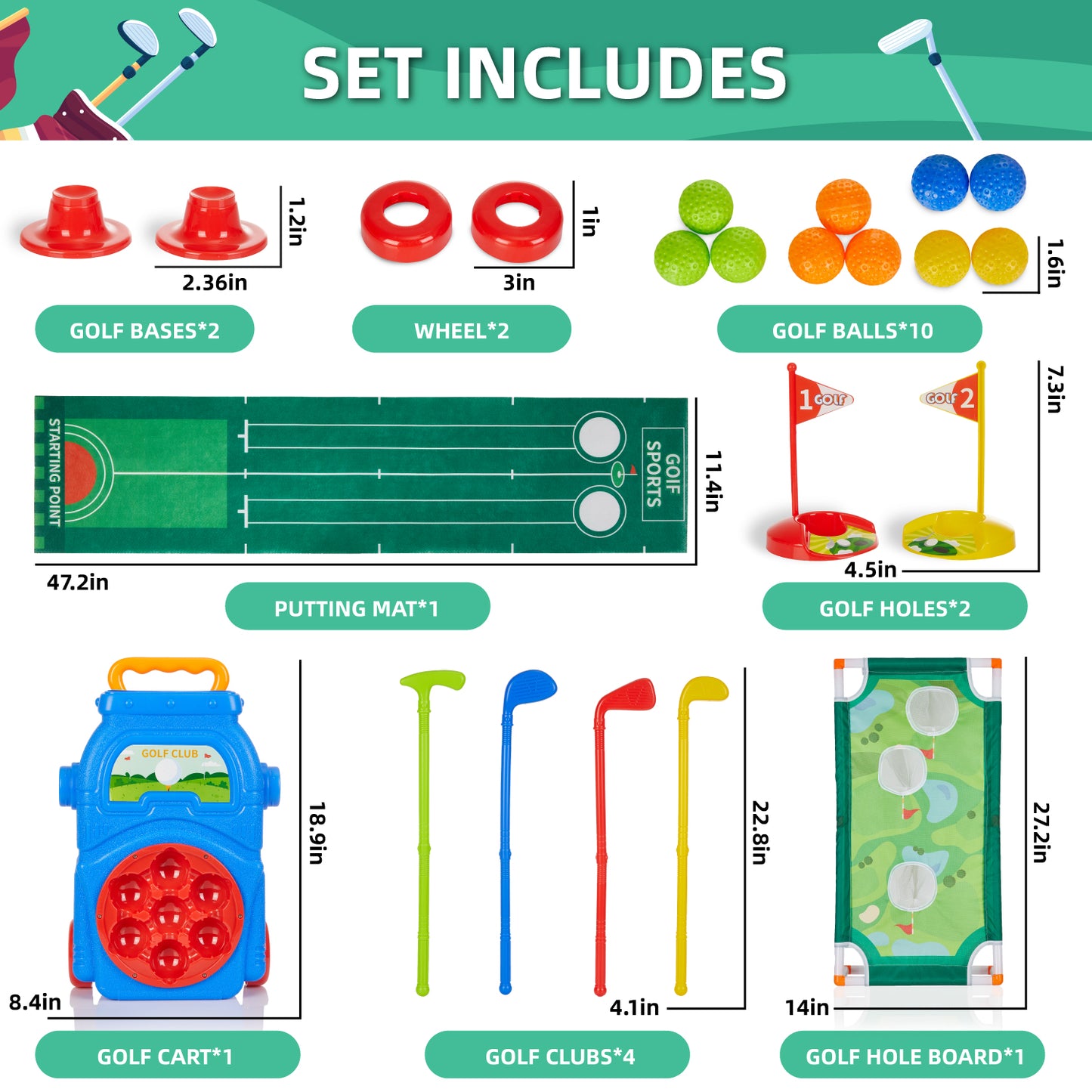 Anpro 2 in 1 Golf Toy Set for Kids, Toddler Golf Clubs Set with 10 Balls, Cornhole Board & Putting Mat, Golf Game Indoor Outdoor Sport Toys for Boys Girls 3+