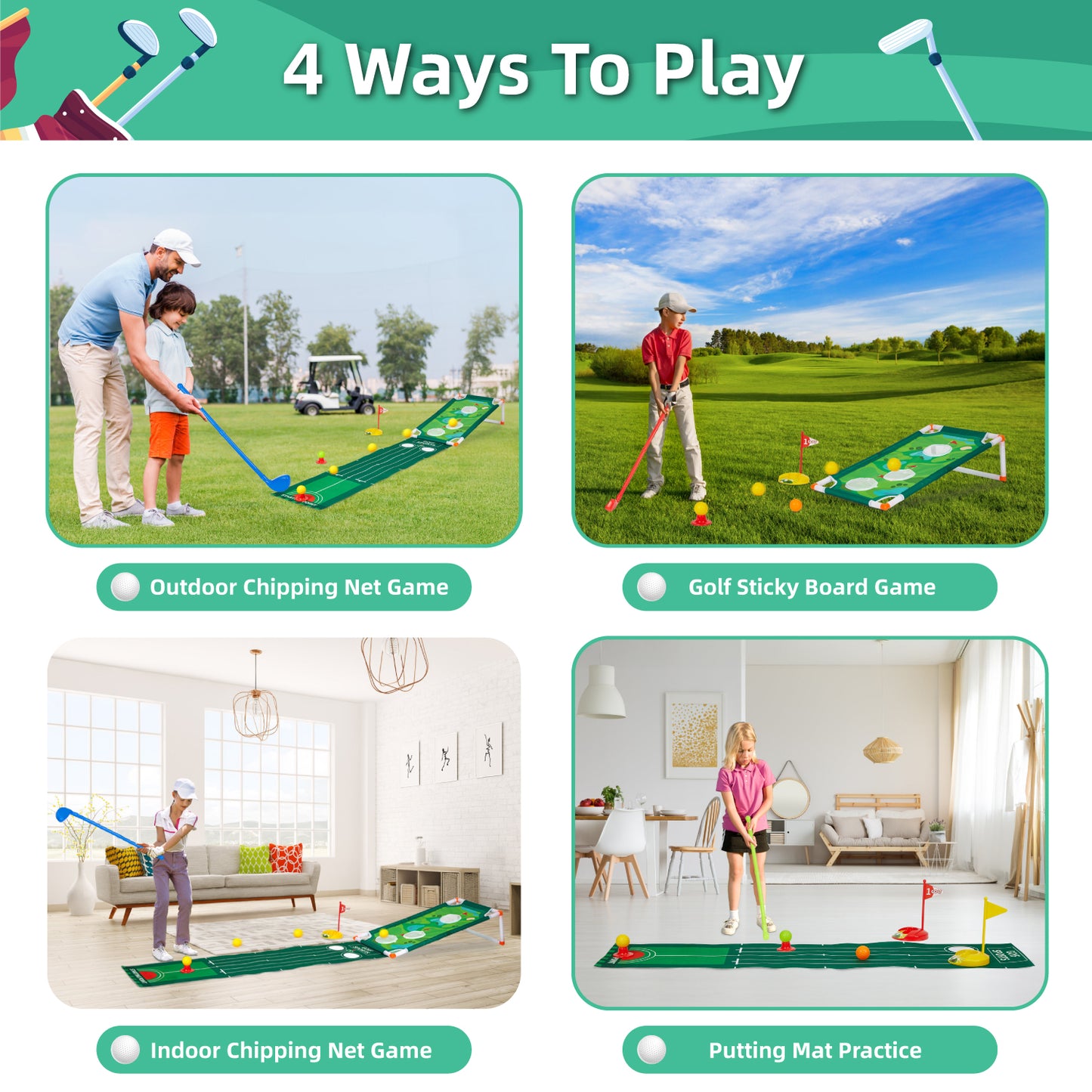 Anpro 2 in 1 Golf Toy Set for Kids, Toddler Golf Clubs Set with 10 Balls, Cornhole Board & Putting Mat, Golf Game Indoor Outdoor Sport Toys for Boys Girls 3+