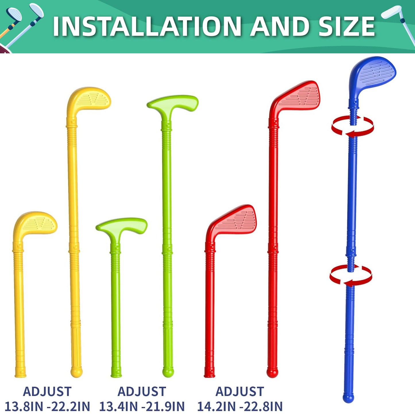 Anpro 2 in 1 Golf Toy Set for Kids, Toddler Golf Clubs Set with 10 Balls, Cornhole Board & Putting Mat, Golf Game Indoor Outdoor Sport Toys for Boys Girls 3+
