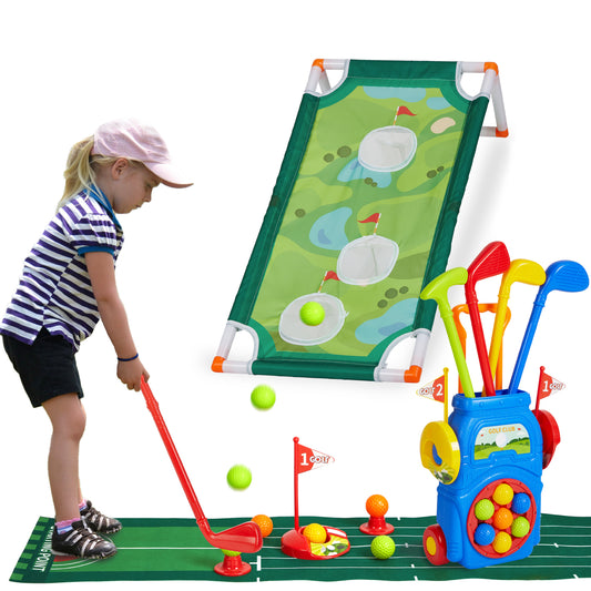 Anpro 2 in 1 Golf Toy Set for Kids, Toddler Golf Clubs Set with 10 Balls, Cornhole Board & Putting Mat, Golf Game Indoor Outdoor Sport Toys for Boys Girls 3+
