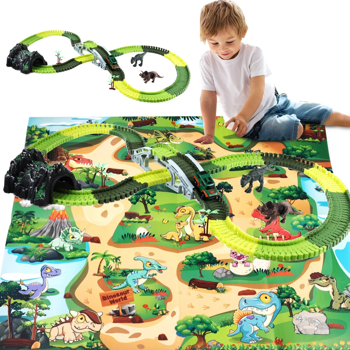 Anpro Dinosaur Toys Race Car Track Set for Kids, 250pcs Race Car Track Set Vehicle Playsets Dinosaur World Road Toys Flexible Track Playset for Boys Age 3+ Best Christmas Gift