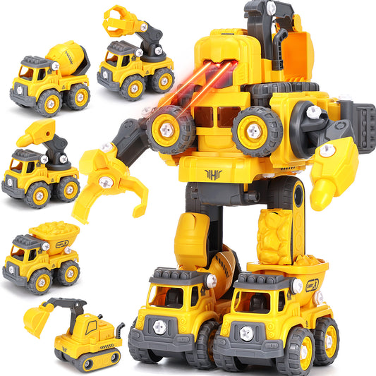 Anpro 5 in 1 Robot Construction Vehicles Set Toy for Toddler, Construction Vehicles Transform Robots Toys with Light for Kids, Assemble Building Trucks DIY Toy for Boys Girl 3+ Year