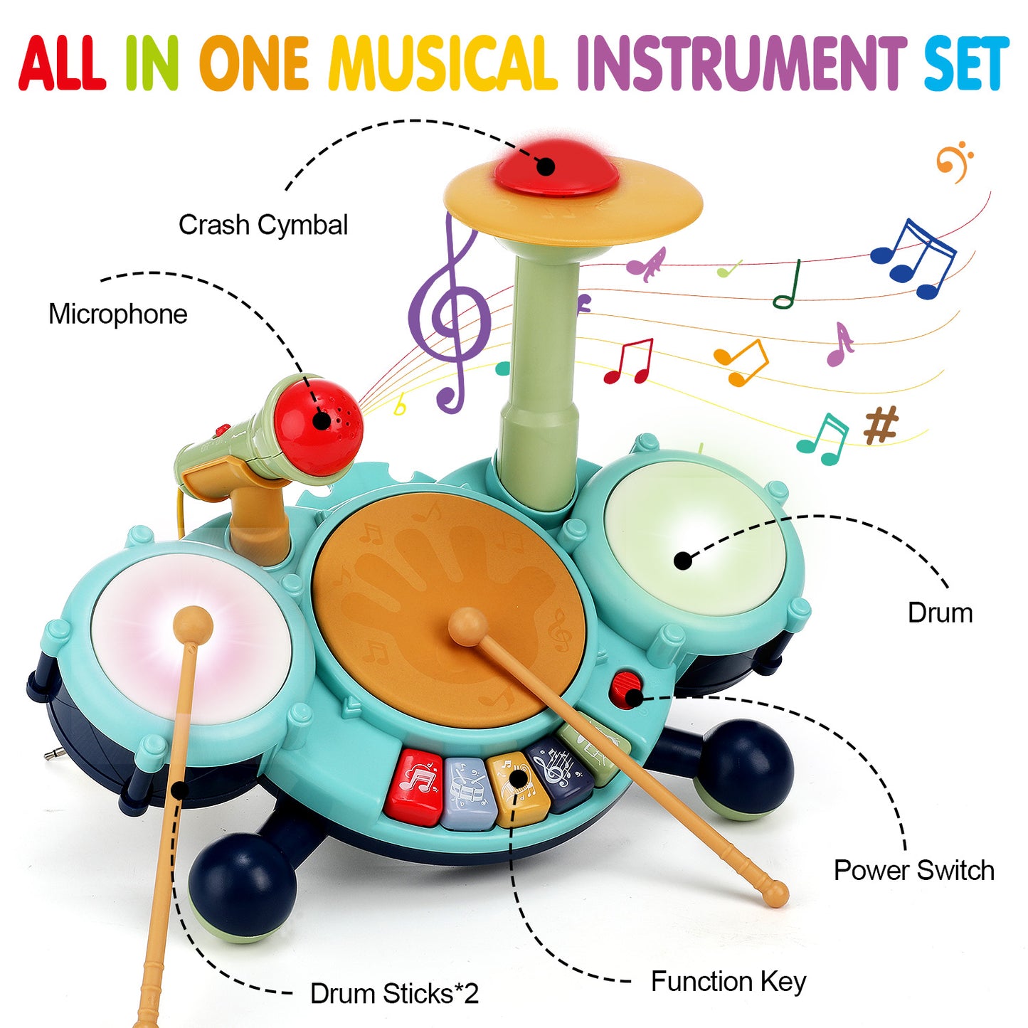 Anpro Kids Drum Set Toddler Toys with Adjustable Microphone, Musical Instruments Playset Fit for 3+ Years Old Boys and Girls