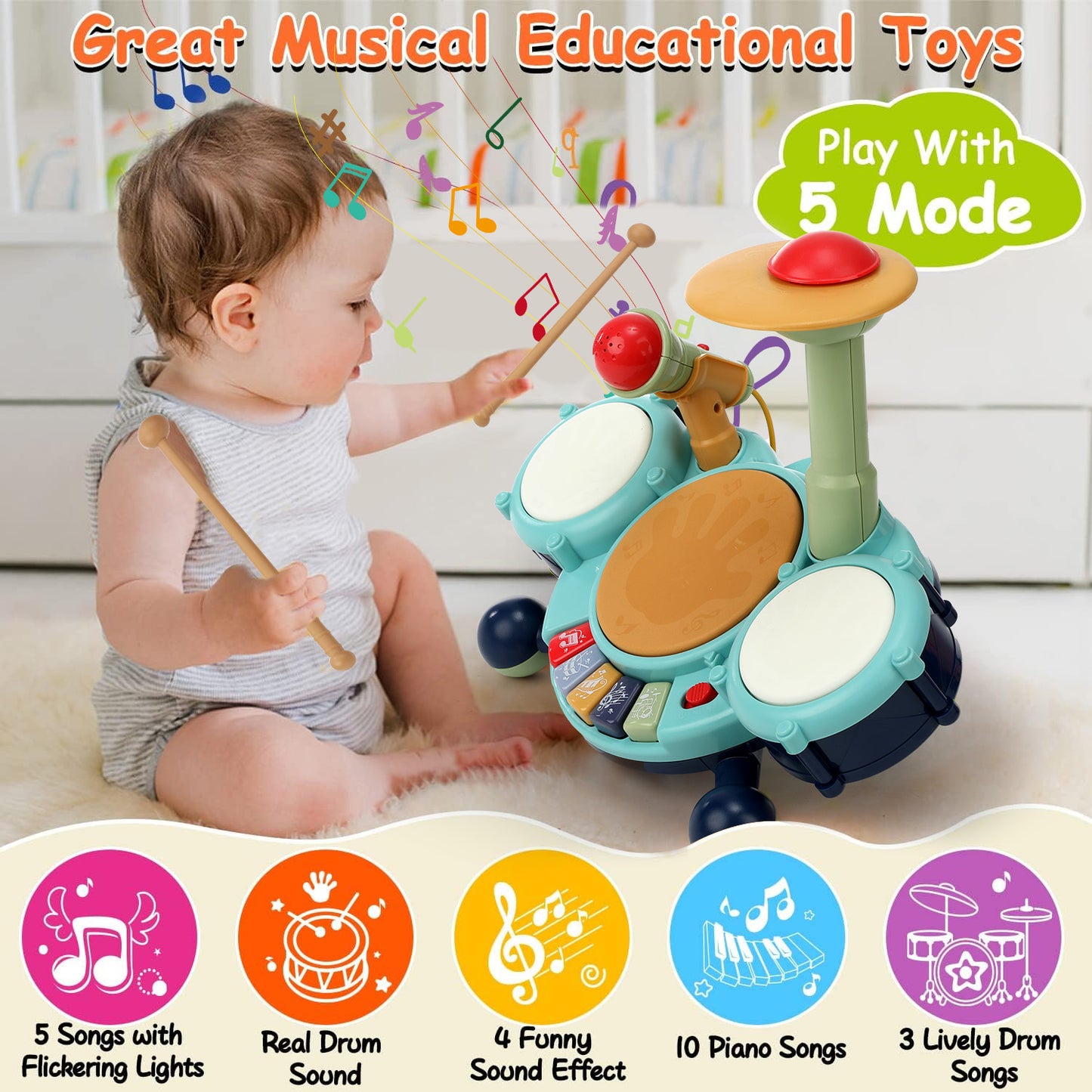 Anpro Kids Drum Set Toddler Toys with Adjustable Microphone, Musical Instruments Playset Fit for 3+ Years Old Boys and Girls