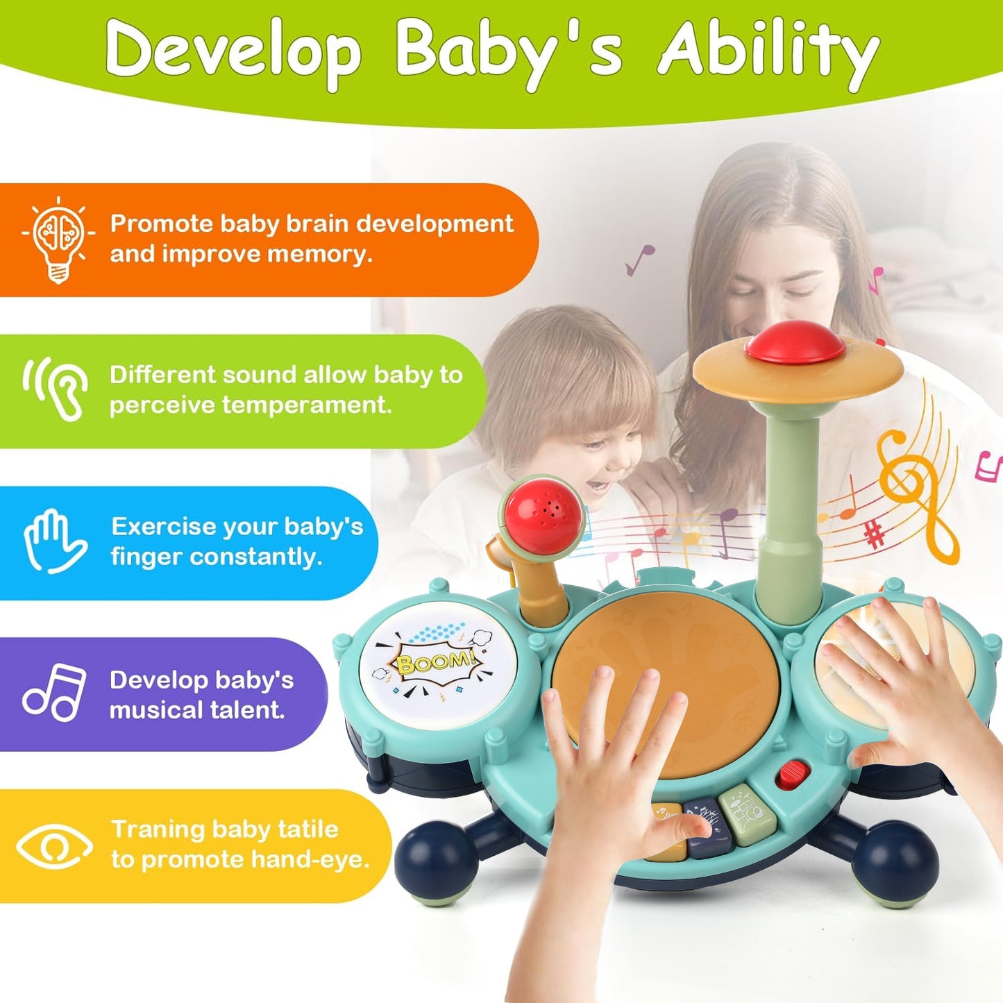 Anpro Kids Drum Set Toddler Toys with Adjustable Microphone, Musical Instruments Playset Fit for 3+ Years Old Boys and Girls