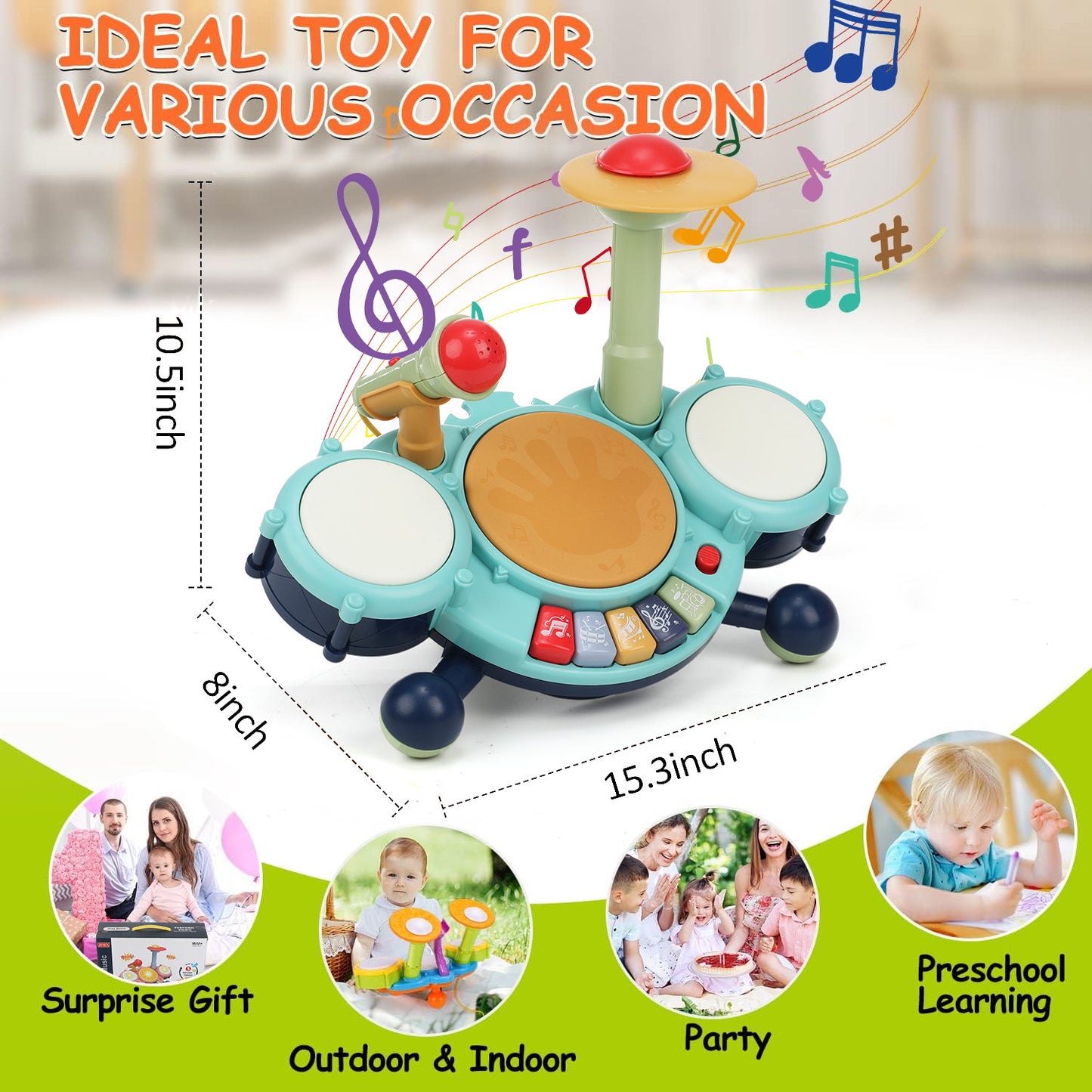 Anpro Kids Drum Set Toddler Toys with Adjustable Microphone, Musical Instruments Playset Fit for 3+ Years Old Boys and Girls
