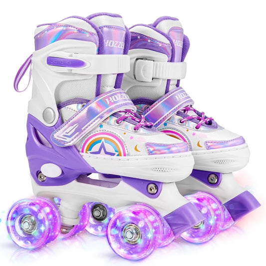 Hozzen Kids Roller Skates for Girls, 4 Size Adjustable Rainbow Unicorn Roller Skates with Light UP Wheels for Toddler Beginner (M, 12C-2Y)