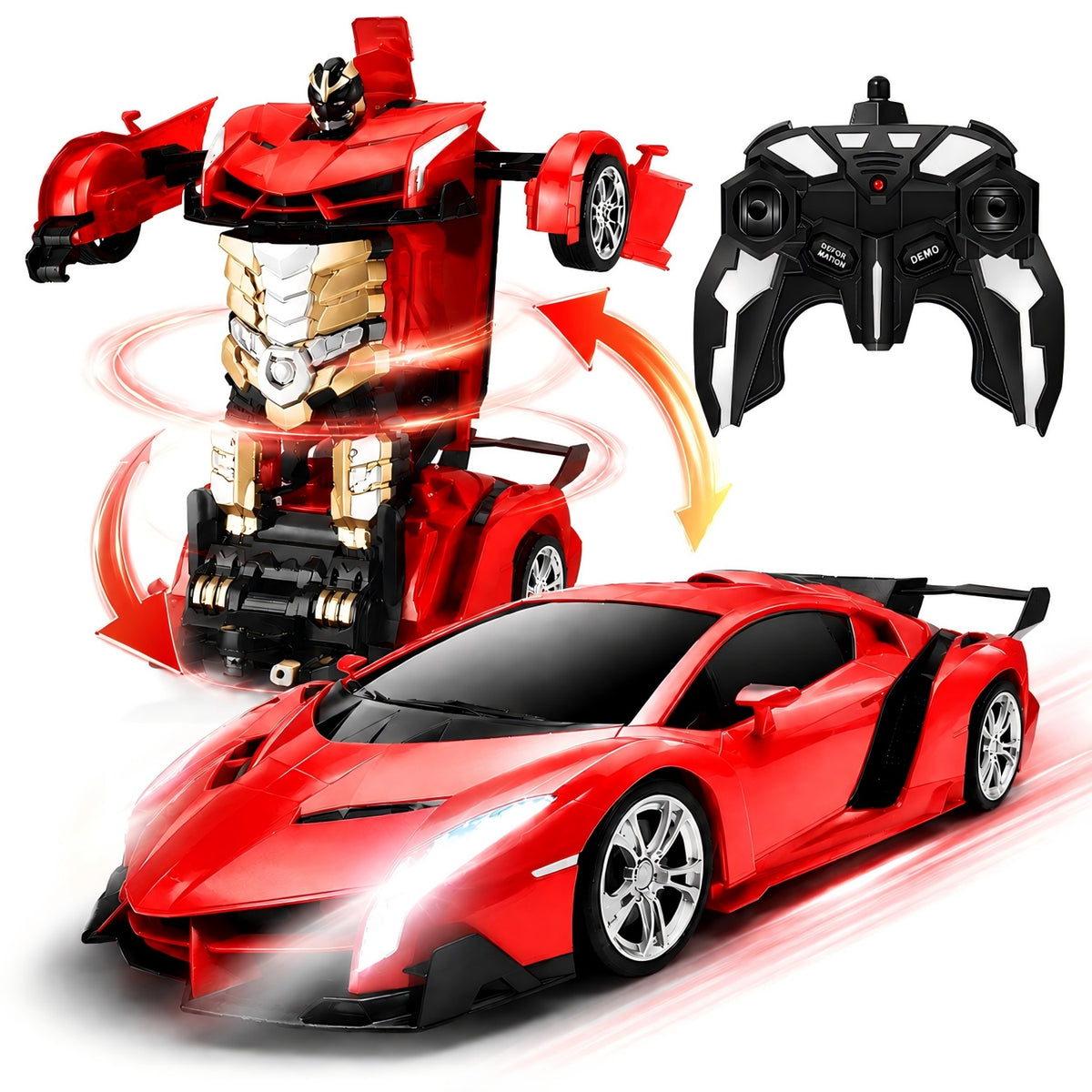 RC Transform Car Toy, 2.4Ghz Remote Control Transform Car Robot Toy, 1:18 Scale One-Button Deformation Race Car Toys for Boys Girls Ages 4-12, Red