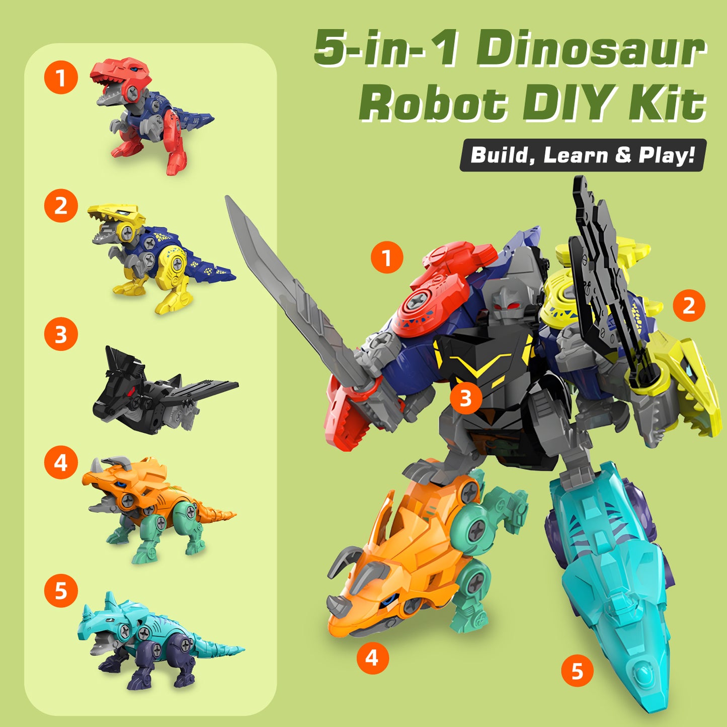 Lictin Take Apart Dinosaur Toys for Kids, 5-in-1 Dinosaur Transform Robot Toys, Building Construction Educational Toys with Catapult, Birthday Christmas Gift for Boys 3 4 5 6 7 Years Old