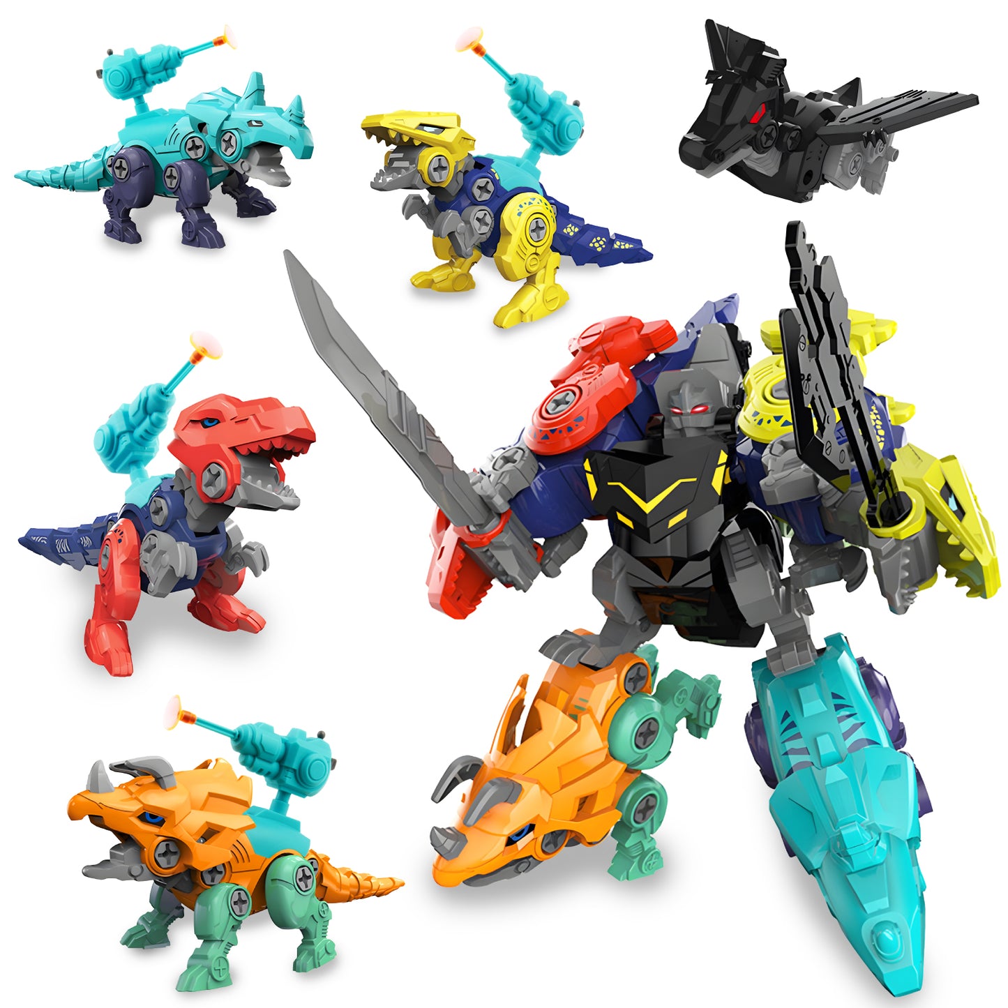 Anpro 5 in 1 Take Apart Dinosaur Transform Robot Toys for Kids, Educational Building Construction Toy Set with Catapult for 3+ Year Old Boys Grils