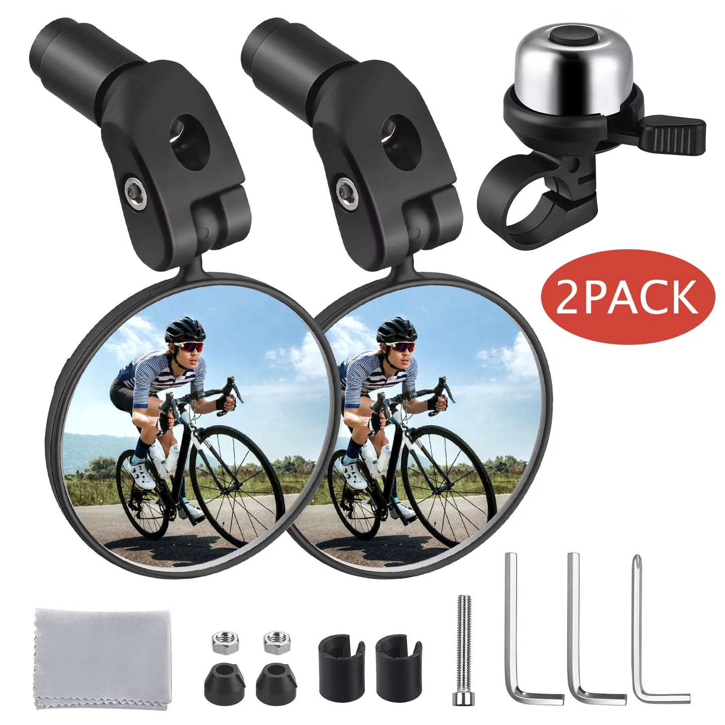 Zacro Bike Mirror (2 Pack) , 360° Rotation Adjustable Bicycle Rear View Mirrors, Bicycle Handlebar Glass Mirror with Bike Bell