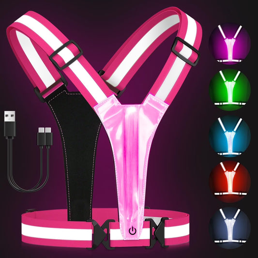 Zacro LED Reflective Vest Running Gear, 5 Colors Light Up Running Vest for Walking Running Cycling, Rechargeable & Adjustable High Visibility Reflective Running Gear for Women Men Kids, Pink