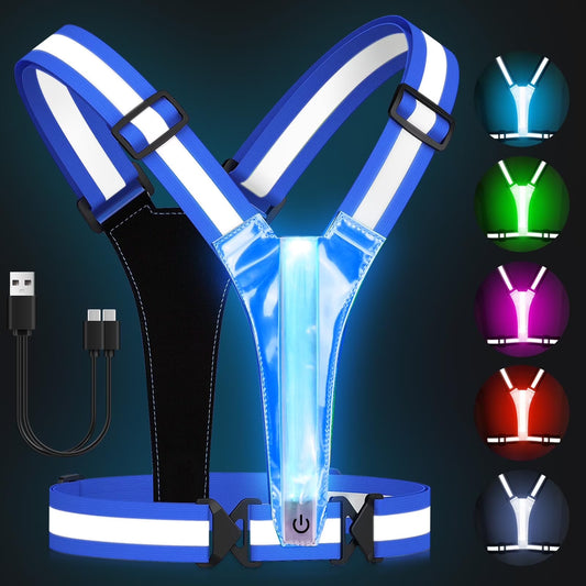 Zacro LED Reflective Vest Running Gear, 5 Colors Light Up Running Vest for Walking Running Cycling, Rechargeable & Adjustable High Visibility Reflective Running Gear for Women Men Kids, Blue