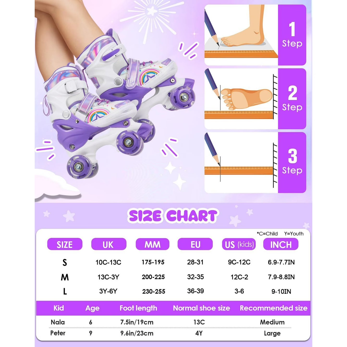 Hozzen Kids Roller Skates for Girls, 4 Size Adjustable Rainbow Unicorn Roller Skates with Light UP Wheels for Toddler Beginner (S, 9C-12C)