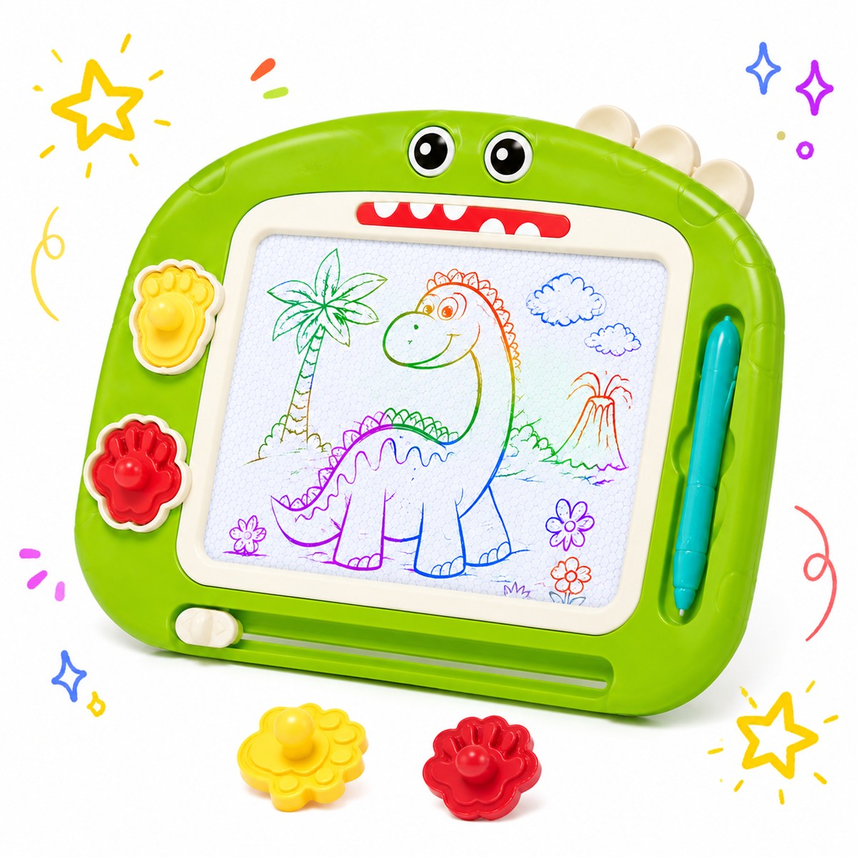 Magnetic Drawing Board for Kids, 8.1 Inch Green Dinosaur Doodle Board for Toddlers, Educational Learning Toys for Toddlers 1-3, Green