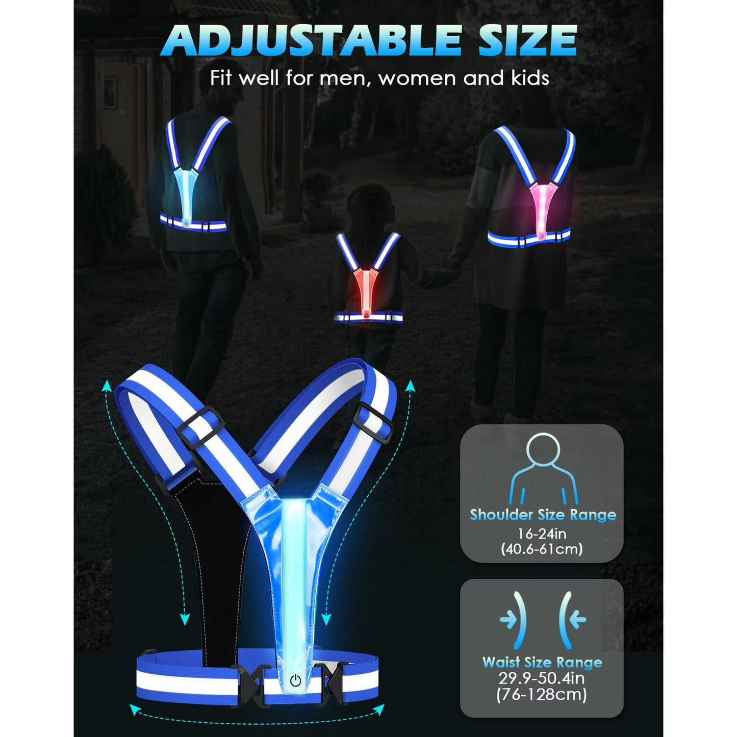 Zacro LED Reflective Vest Running Gear, 5 Colors Light Up Running Vest for Walking Running Cycling, Rechargeable & Adjustable High Visibility Reflective Running Gear for Women Men Kids, Blue