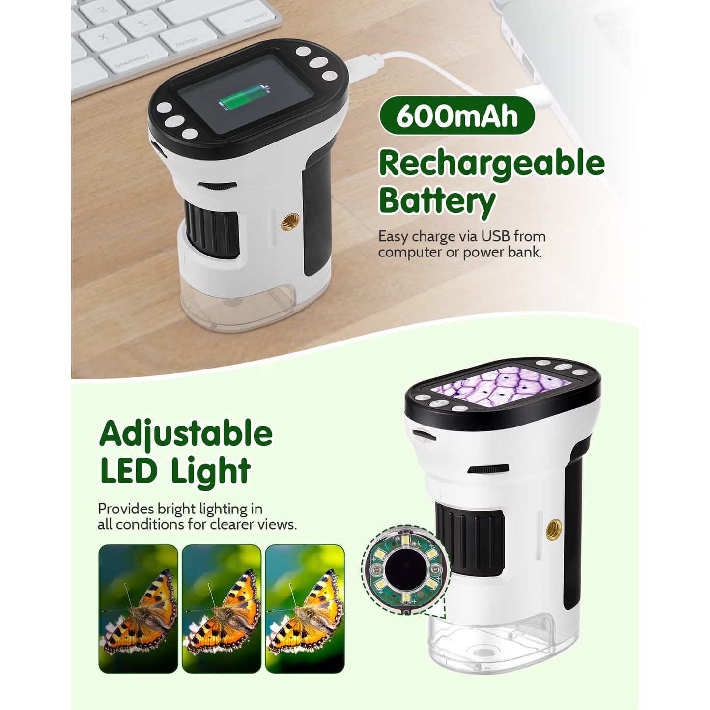 Anpro Handheld Microscope for Kids, 200X - 1000X Portable Pocket Microscope with 2” LCD Screen & Adjustable LED for Kids 8-12, White