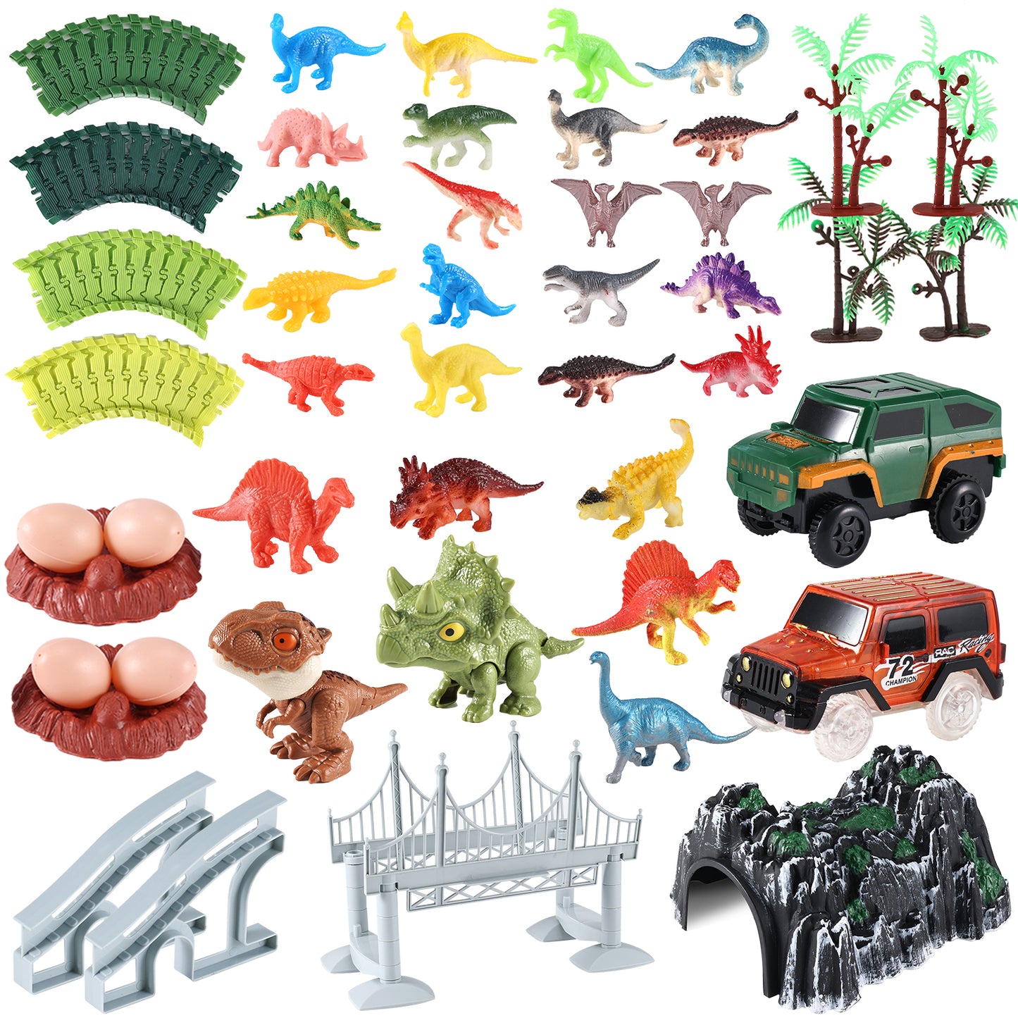Anpro Dinosaur Race Car Track Set for Boys, 240pcs Flexible Track Playset, Create a Dinosaur World Road Toys for Boys Age 3+