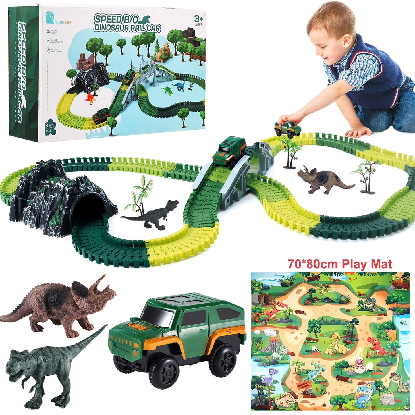 Zacro Dinosaur Toys Race Car Track Set, 240pcs Flexible Track Playset with Play Mat for Kids Toddler Boys Girls Gift Ages 3 4 5 6 7 8 Year Olds