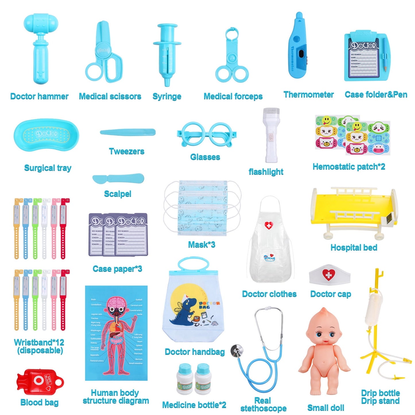 Anpro Doctor Kit for Kids, 43pcs Play Medical Kit Toy with Stethoscope and Doll for Boys Ages 3+