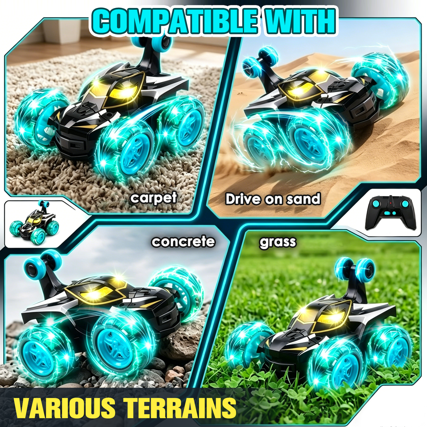 Zacro Remote Control Car for Boys, 360° Rotating RC Stunt Car with Cool LED Lights, 4WD 2.4GHz Rechargeable RC Car Toys Gifts for Kids Boy Age 3 4 5 6 7 8