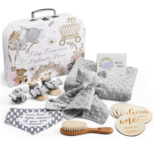Lictin Baby Gift Set for Boys Girls, 14PCS Baby Shower Gifts, Neutral Newborn Gifts Basket with Baby Blanket, Monthly Milestone Cards, Elephant Security Blanket, Rattle Socks and Wrist