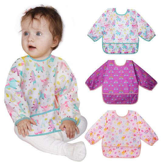 Lictin Baby Bibs Long Sleeve for Baby Girls, 3 Pcs Waterproof Bibs for 6-24 Months Toddlers, Adjustable Closure Baby Smock, Pink