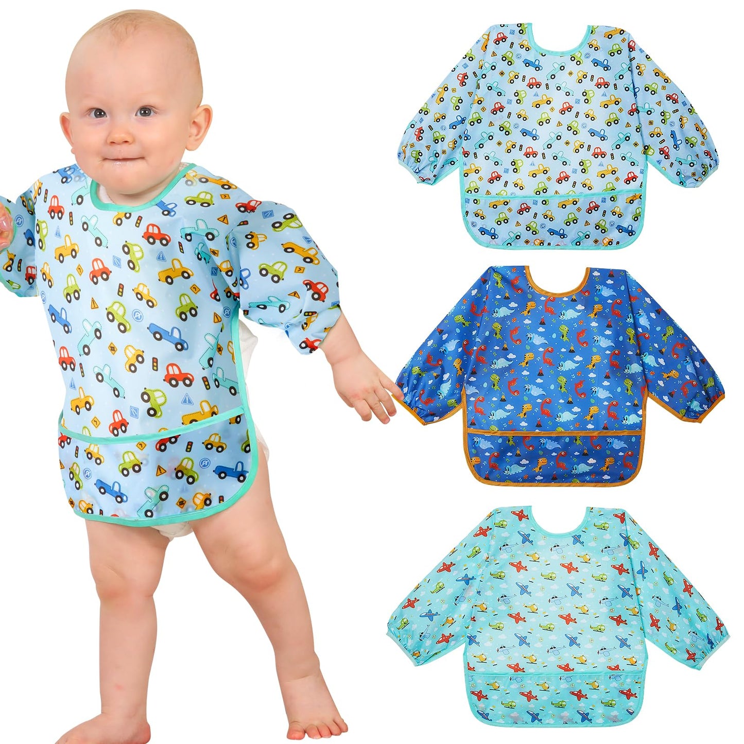 Lictin Long Sleeve Baby Bibs for Boys Girls, 3 Pcs Waterproof Baby Bibs for 6-24 Months Toddlers, Adjustable Closure Baby Smock, Blue