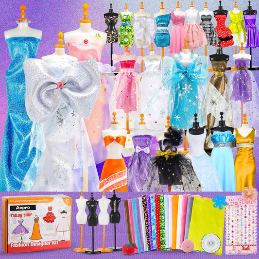 Gleamkid 700+Pcs Fashion Designer Kit for Girls with 4 Mannequins, DIY Arts & Crafts Kit Toys, Doll Clothes Making Sewing Kit for Girls Age 6-12