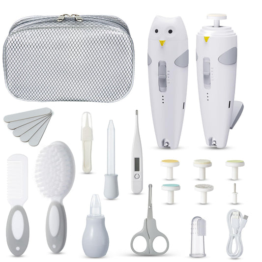 Anpro Baby Healthcare and Grooming Kit, 26 in 1 Rechargeable Nail Trimmer Electric Kit with Auto Light, Newborn Nursery Health Care Portable Safety Kit for Infant Toddlers Boys Girls, Grey