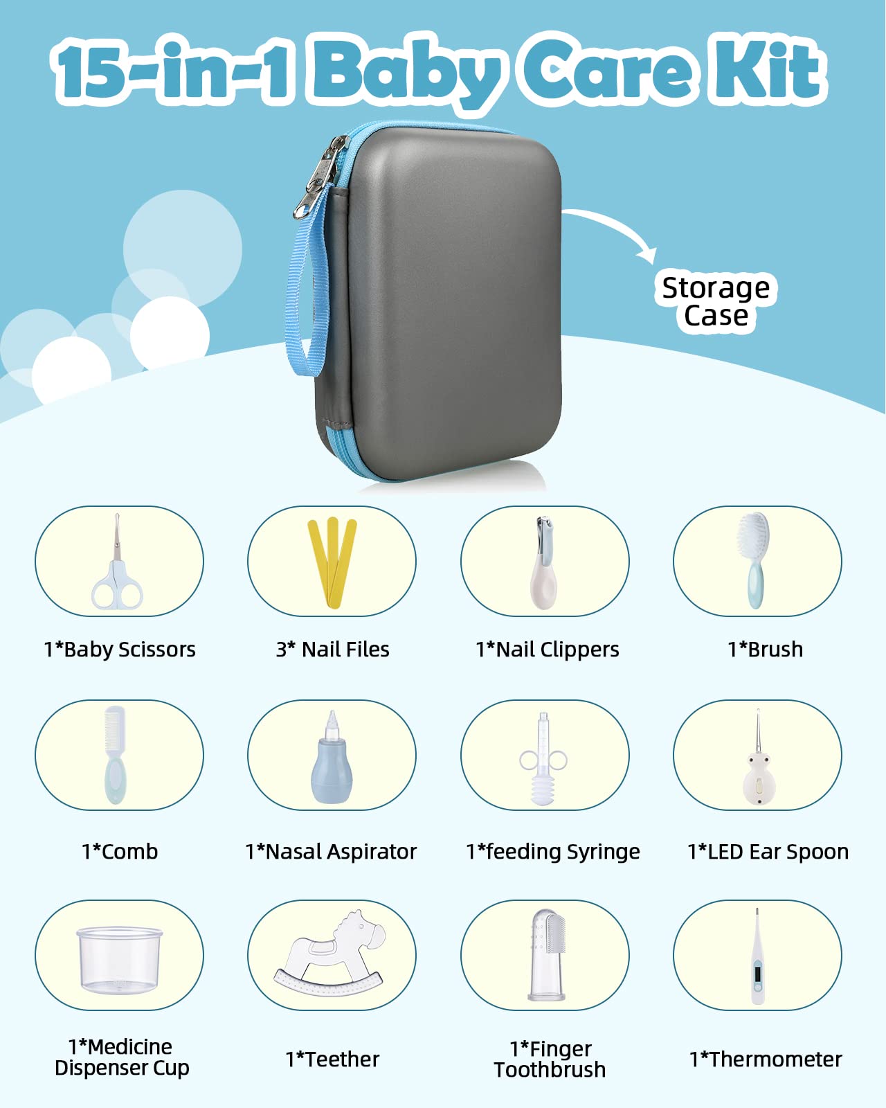 Lictin Baby Grooming and Healthcare Kit, 15PCS Newborn Nursery Safety Set with Thermometer Nail Clipper Brush Comb, Baby Care Kit for Infant Toddlers Baby Boys Girls