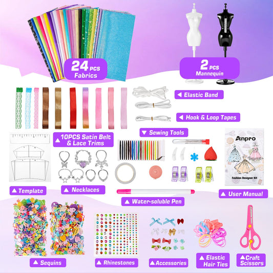 650 Pcs Fashion Designer Kit for Girls, DIY Arts & Crafts Creative Sewing Kit with 2 Mannequins, Doll Clothes Making Set Toys Gifts for Ages 6-12