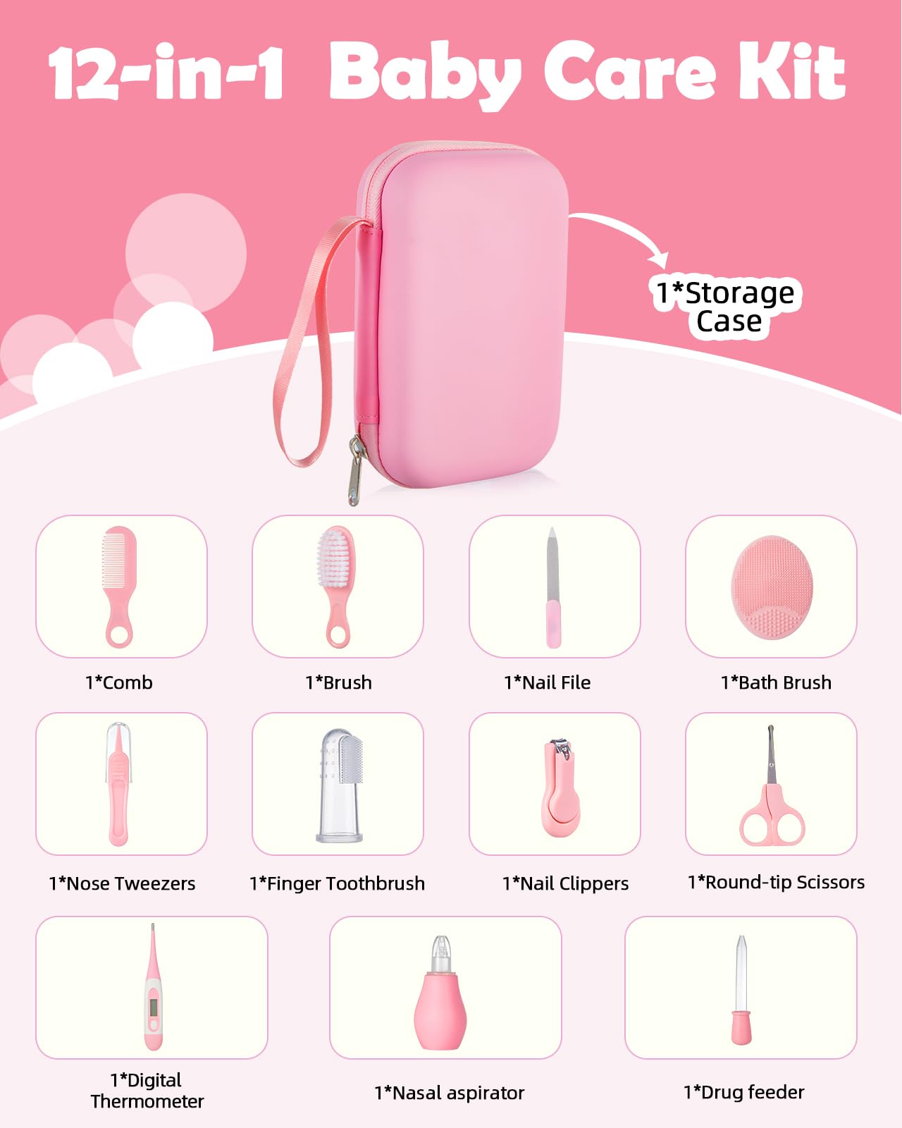 Lictin Baby Grooming and Health Kit, Nursery Safety Health Care Set with Thermometer Nail Clipper Brush Comb, Baby Care Kit for Newborn Baby Girls, Pink