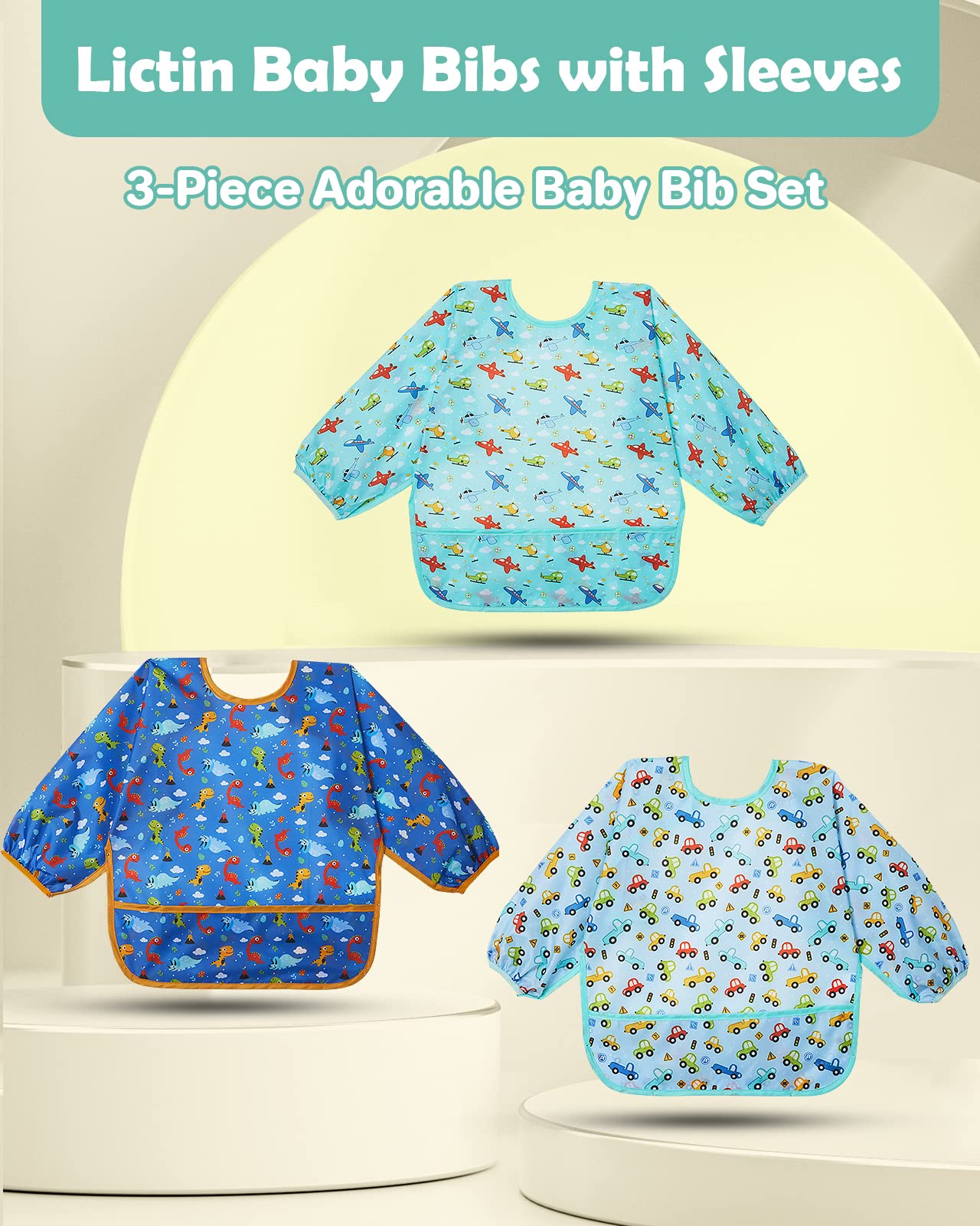Lictin Long Sleeve Baby Bibs for Boys Girls, 3 Pcs Waterproof Baby Bibs for 6-24 Months Toddlers, Adjustable Closure Baby Smock, Blue