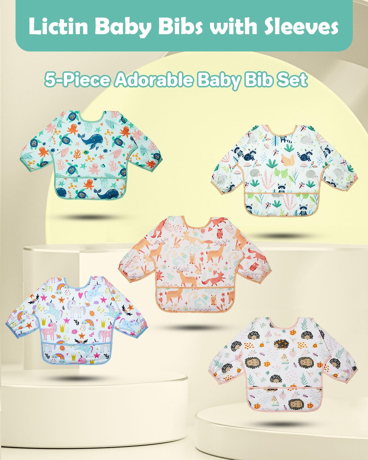 Lictin Baby Long Sleeve Bibs, 5 Pcs Waterproof Toddler Baby Bibs for Boys Girls, 0-24 Months Neutral Baby Smock for Eating