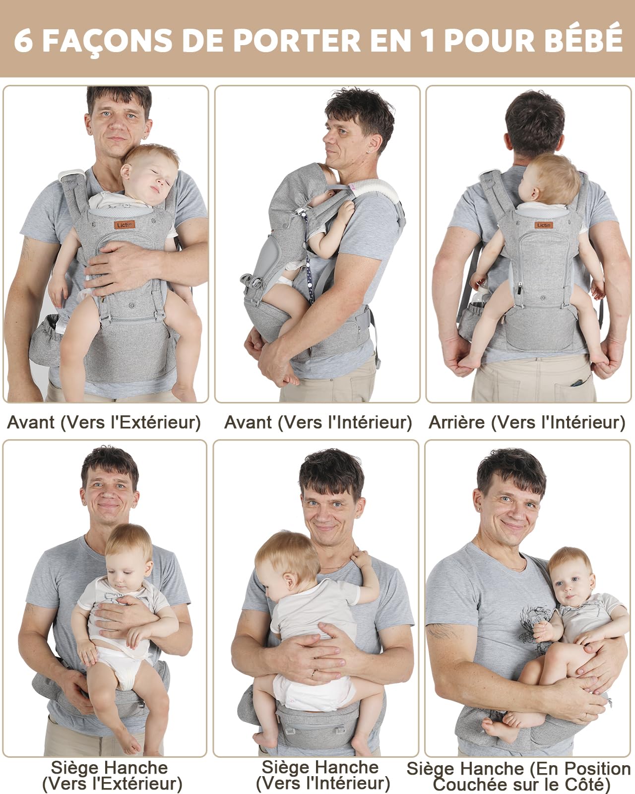 Lictin 6-in-1 Ergonomic Baby Carrier, Baby Sling Carrier with Removable Seat and Hood, with 2 Towels and 1 Pacifier Chain, for Newborns and Toddler from 3.5 to 20 kg